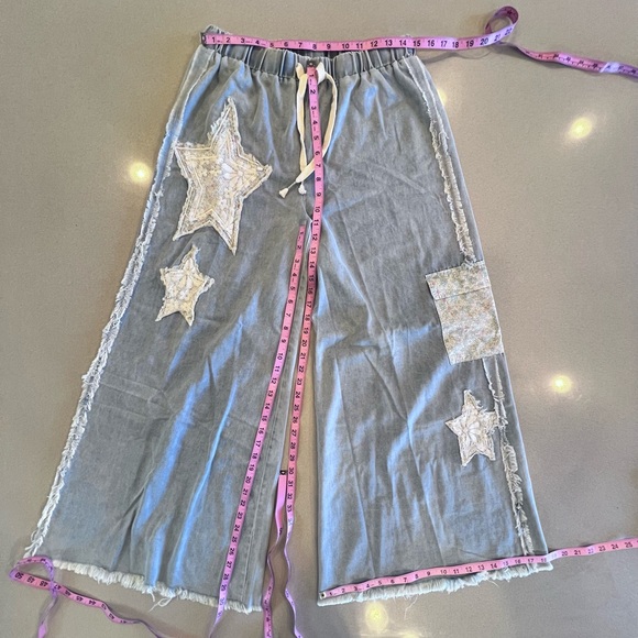 POL Light Blue Flare Jeans Star Patches Fabric Pockets Elastic Drawstring Waist - Picture 3 of 15